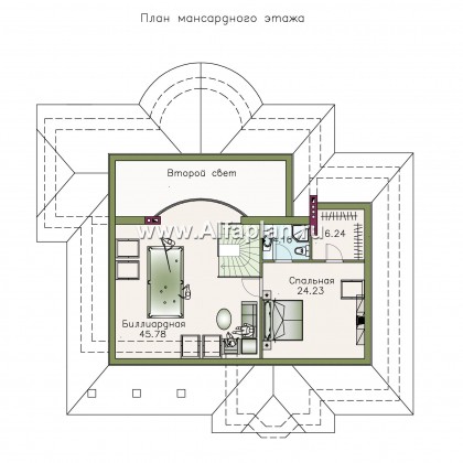 «Линия судьбы» - проект одноэтажного дома с мансардой, из кирпича, с эркером и с бильярдной - превью план дома