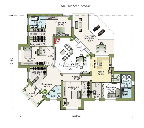 Проекты домов Альфаплан - «Альтер Эго» - эксклюзивный одноэтажный кирпичный дом - превью плана проекта №1