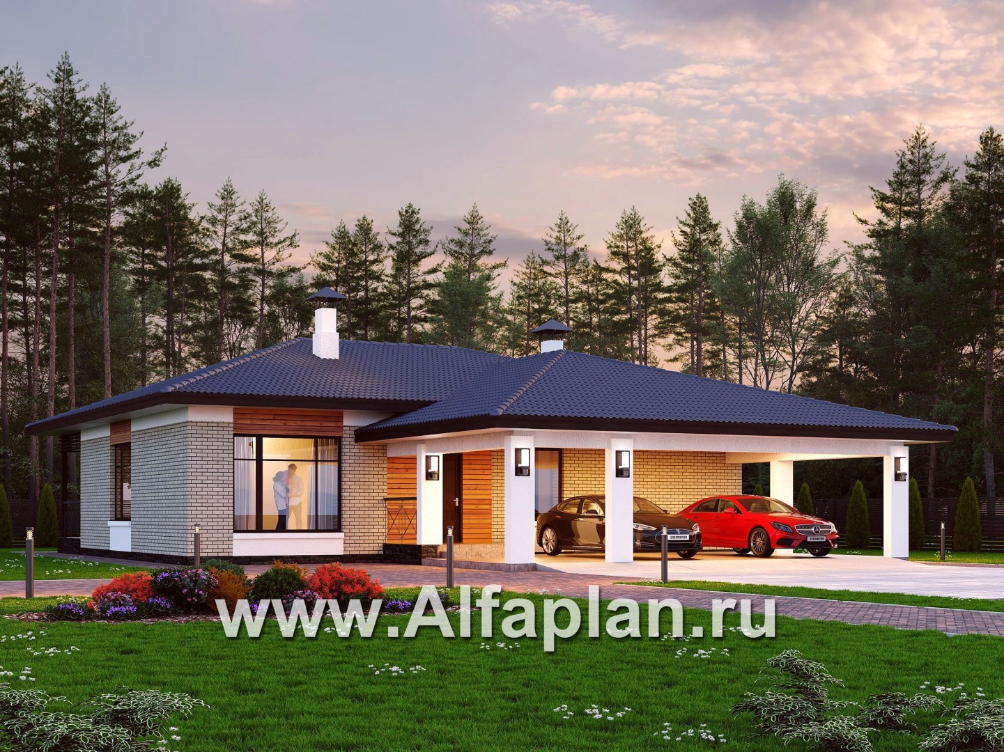 Проекты домов Альфаплан - «Покровка» - стильный одноэтажный коттедж с гаражом-навесом - основное изображение