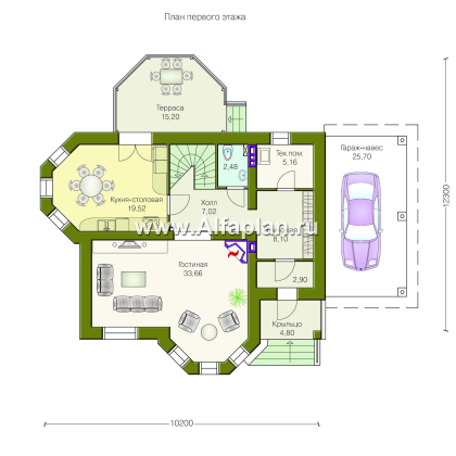 Проекты домов Альфаплан - «Классика»- двухэтажный особняк с эркером и навесом для машины - превью плана проекта №1
