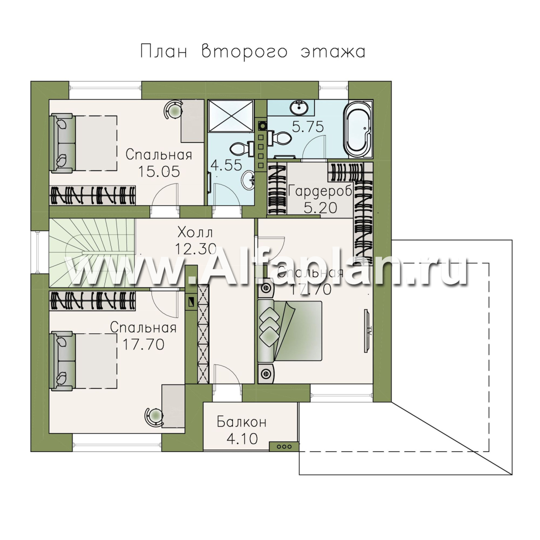 Проекты домов Альфаплан - Компактный дом с четырьмя спальными и угловой террасой - изображение плана проекта №2