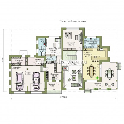 «Тибр» — проект двухэтажного дома, с двусветной гостиной и с террасой, в стиле модерн, с гаражом на 2 авто - превью план дома