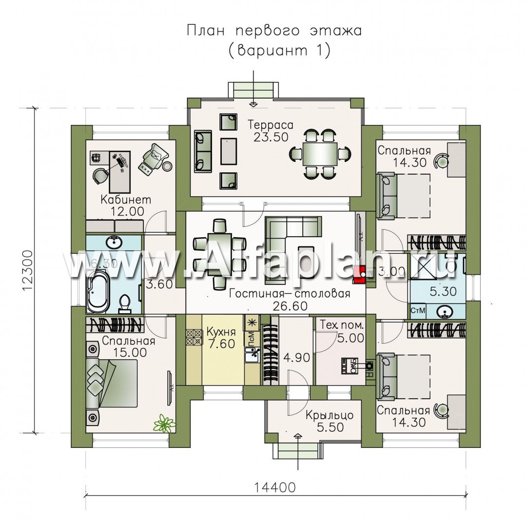 Проекты домов Альфаплан - «Леда» - одноэтажный дом с четырьмя комнатами и террасой - изображение плана проекта №1