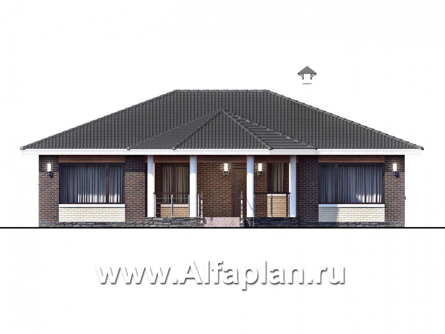 Проекты домов Альфаплан - «Леда» - одноэтажный дом с четырьмя комнатами и большой террасой - изображение фасада №1