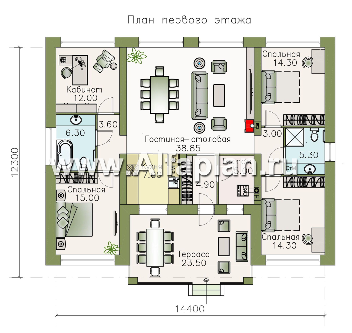 Проекты домов Альфаплан - «Леда» - одноэтажный коттедж с четырьмя комнатами и террасой - план проекта №1