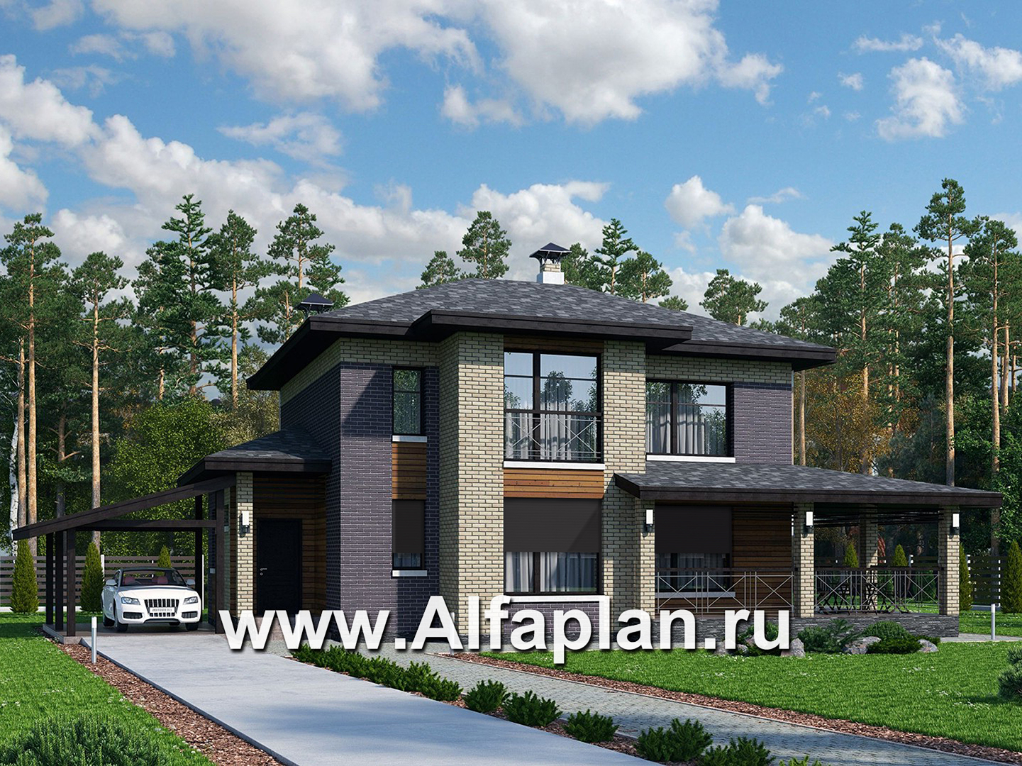 Проекты домов Альфаплан - «Стимул» - рациональный загородный дом с навесом для машины - основное изображение