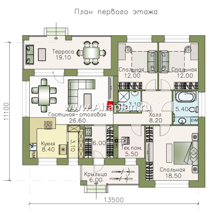 Проекты домов Альфаплан - «Вуокса» - стильный коттедж с комфортной планировкой - превью плана проекта №1