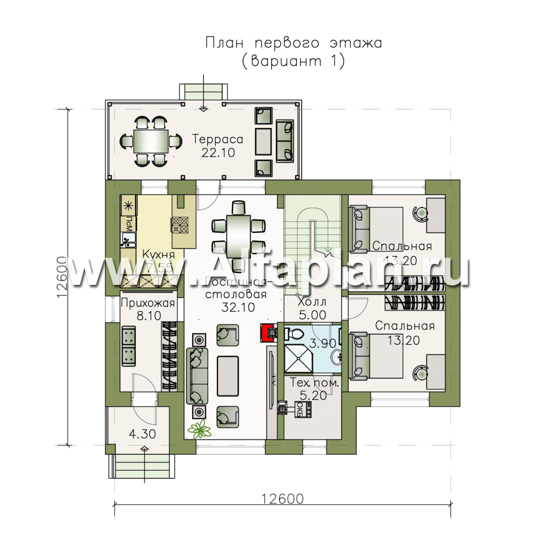 Проекты домов Альфаплан - «Кассиопея» - мансардный коттедж с 5-ю спальнями, или 4-е спальни + сауна - план проекта №1