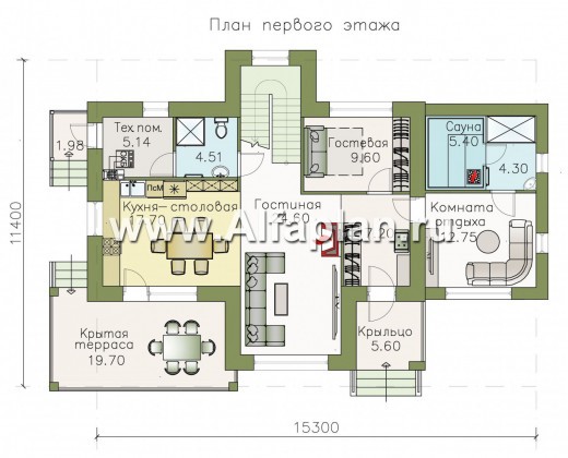 Проекты домов Альфаплан - «Саар» - современный двухэтажный дом с террасой и сауной - превью плана проекта №1