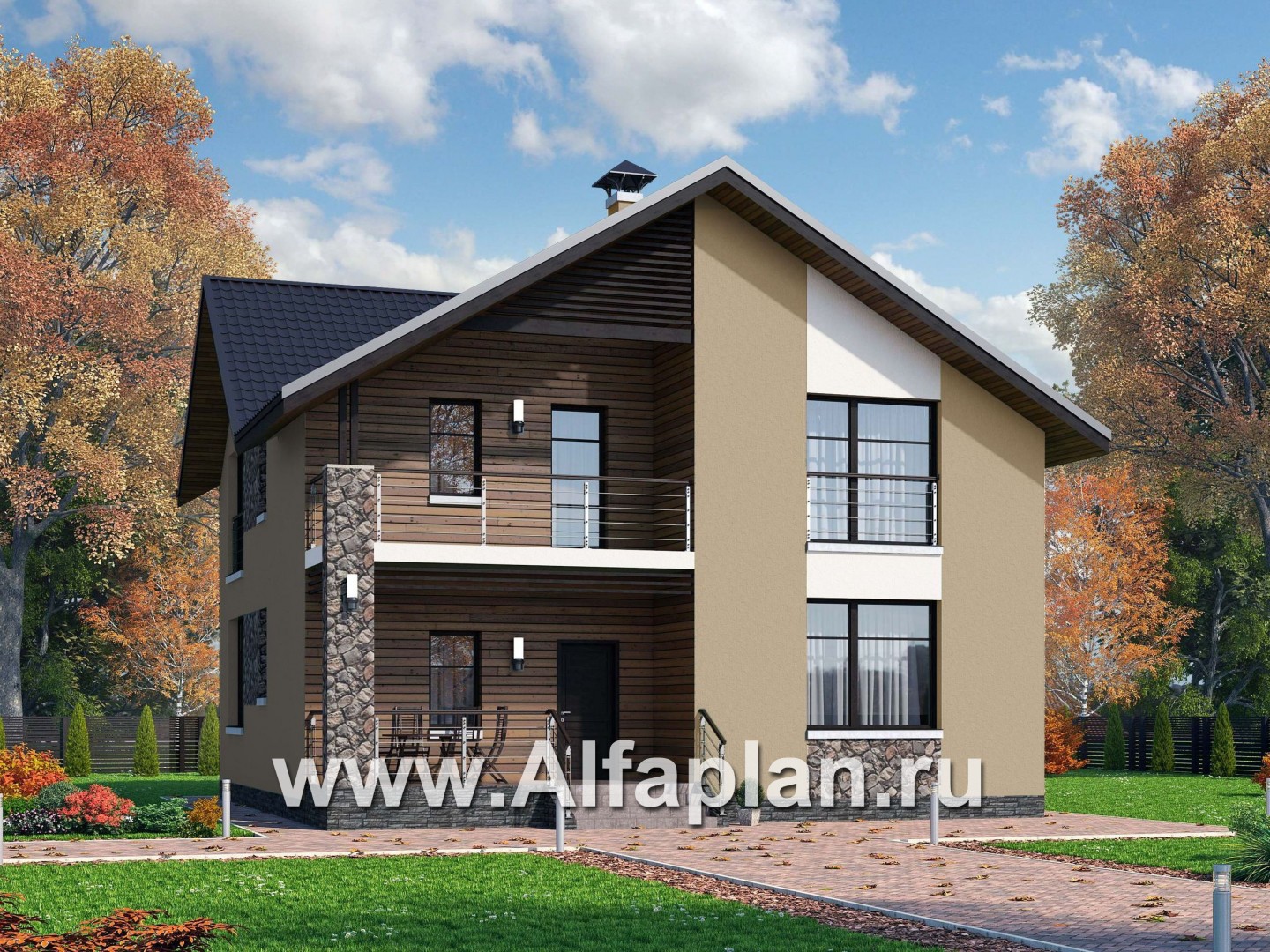 Проекты домов Альфаплан - «Заря» - уютный мансардный дом с балконом - основное изображение