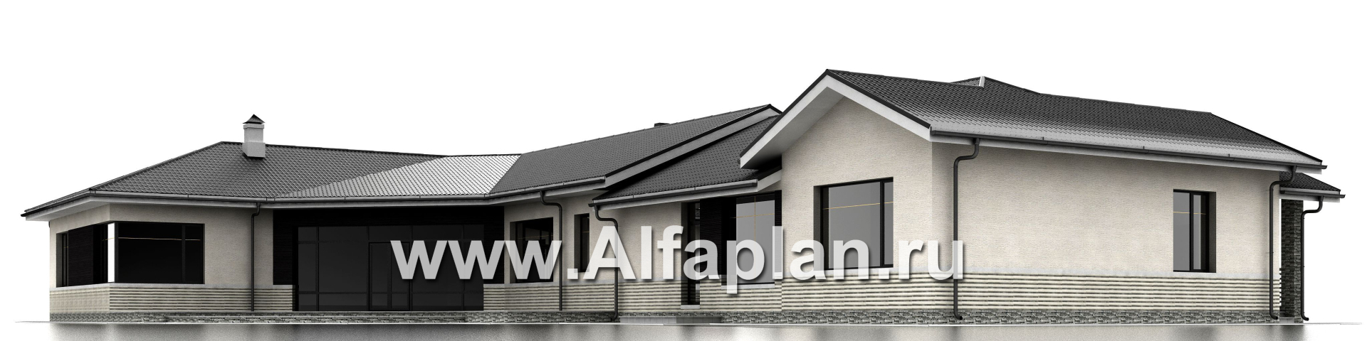 Проекты домов Альфаплан - «Модуль» — одноэтажный дом с бассейном и гостевой квартирой - изображение фасада №3