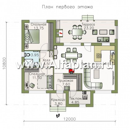 Проекты домов Альфаплан - «Альфа» - небольшой каркасный коттедж с двумя спальнями - превью плана проекта №1