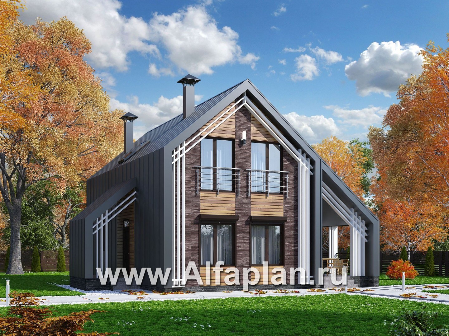 Проекты домов Альфаплан - «Тау» - двухэтажный дом с фальцевыми фасадами и кровлей - основное изображение