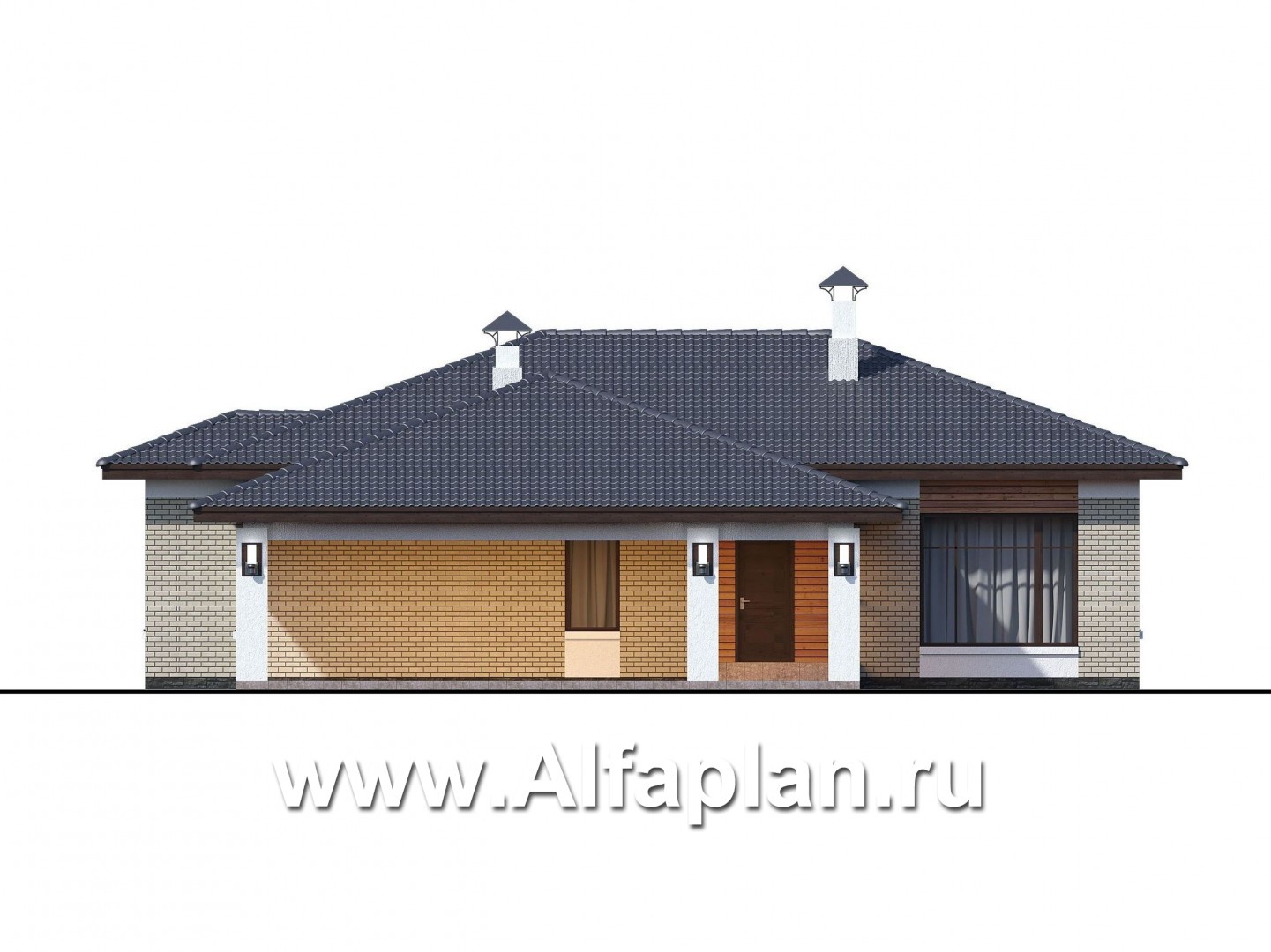 Проекты домов Альфаплан - «Покровка» - стильный одноэтажный коттедж с гаражом-навесом - изображение фасада №1