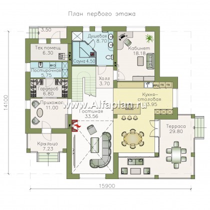 Проекты домов Альфаплан - «Голицын» — особняк с двусветной гостиной и сауной - превью плана проекта №1