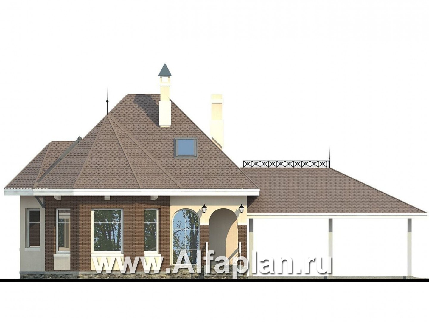 Проекты домов Альфаплан - «Душечка плюс» - компактный дом с навесом для машин - изображение фасада №1