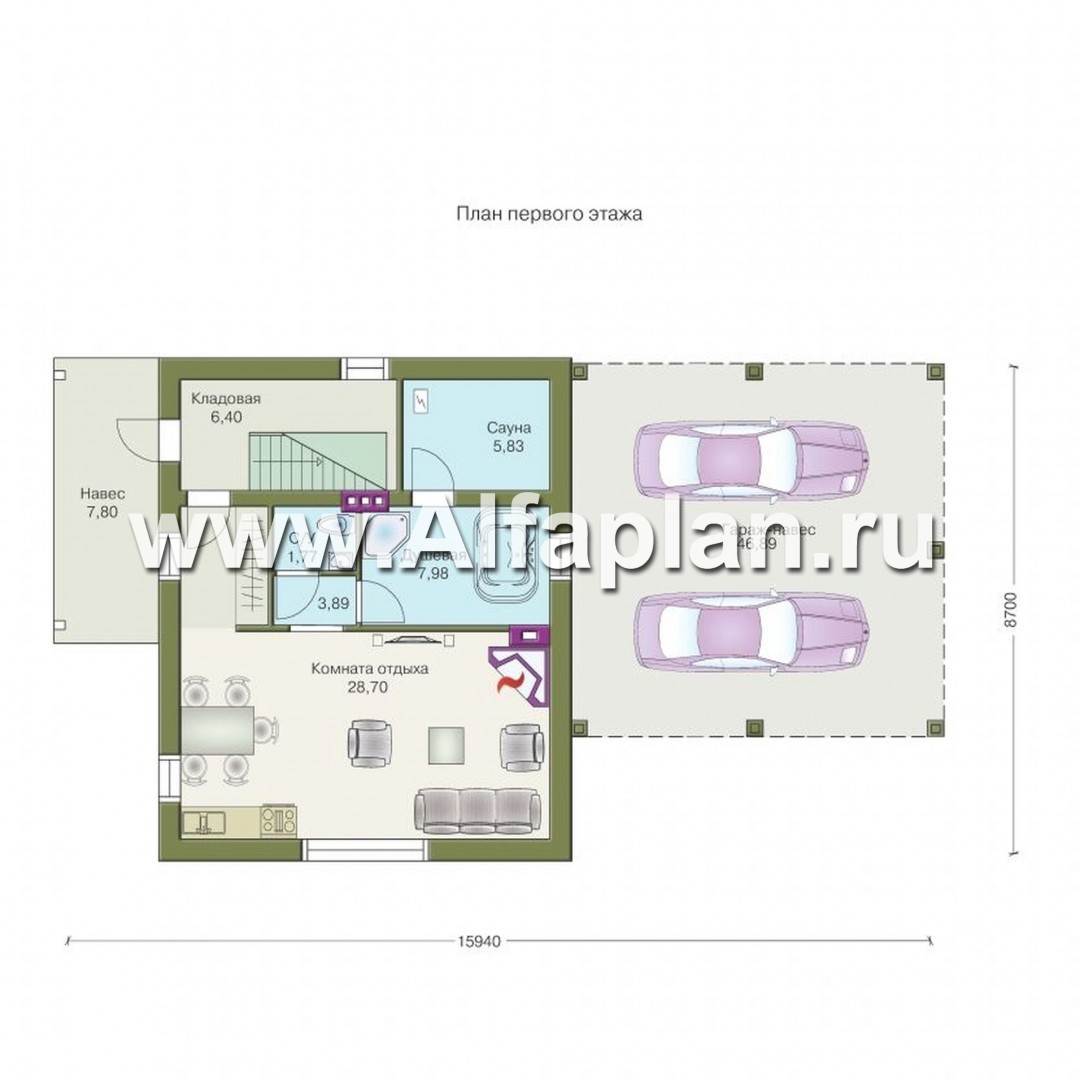 Проекты домов Альфаплан - Дом для отдыха с навесом для машин - изображение плана проекта №1