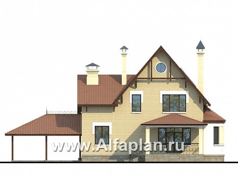 «Золотая середина» - проект коттеджа с жилой мансардой, планировка с сауной, с эркером и навесом для 2 авто - превью фасада дома
