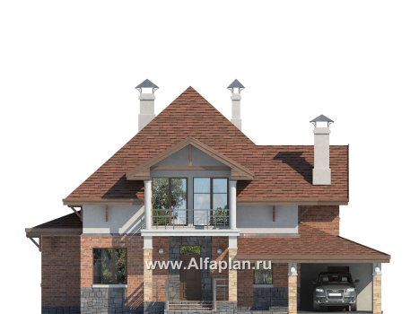Проекты домов Альфаплан - «Брилланте» - яркий  коттедж из кирпичей с пирамидальной кровлей - превью фасада №1