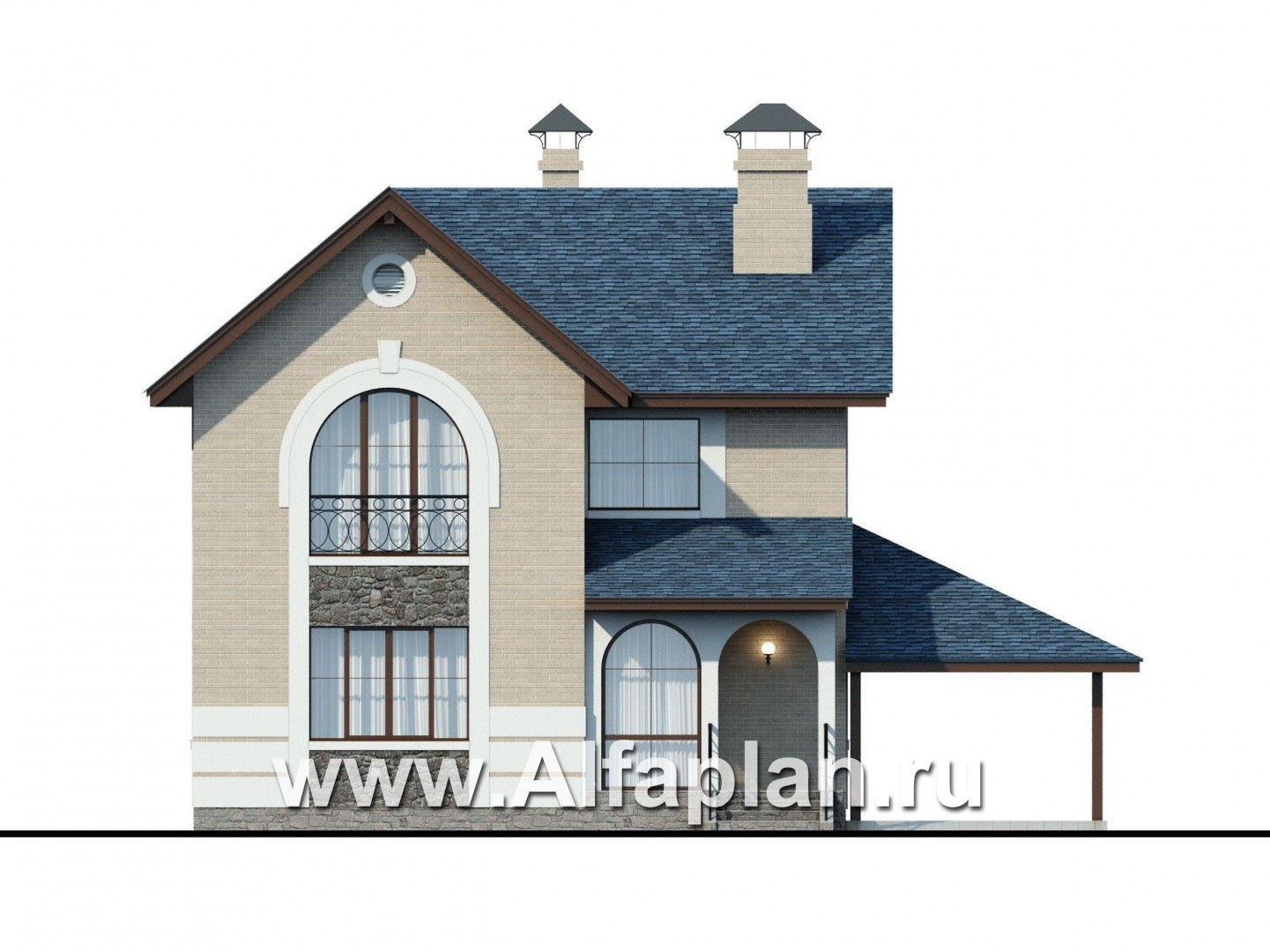 Проекты домов Альфаплан - «Монрепо» - компактный дом из блоков с гаражом-навесом - изображение фасада №1
