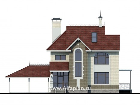 Проекты домов Альфаплан - «Дипломат Плюс» - дом с бильярдной и гаражом-навесом - превью фасада №1