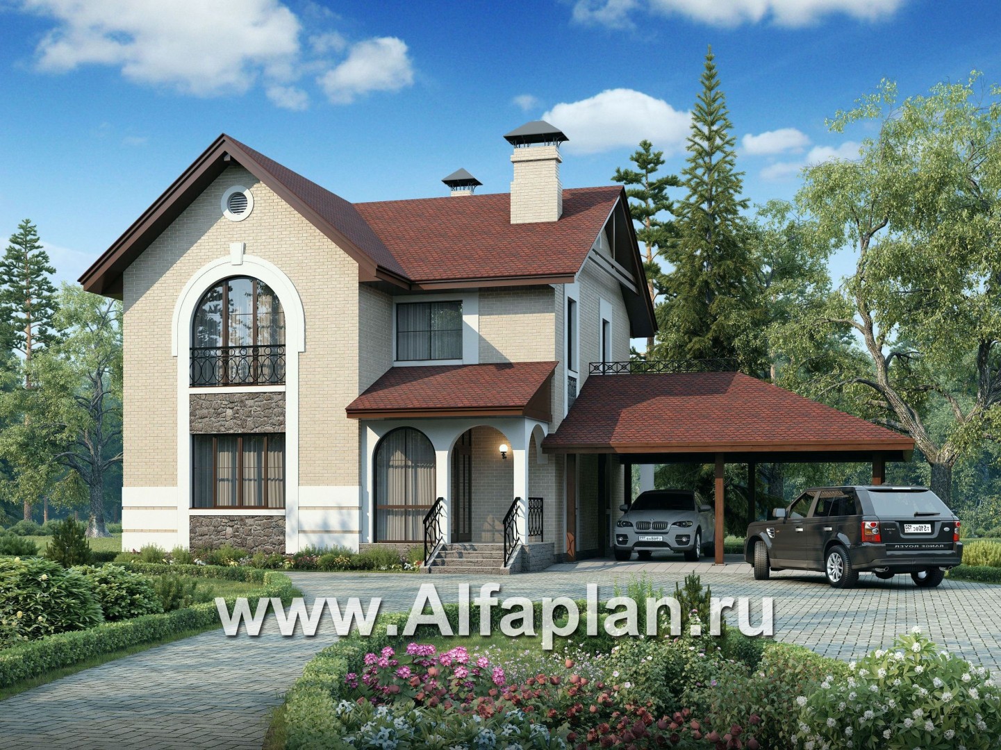 Проекты домов Альфаплан - «Монрепо» - компактный дом с гаражом-навесом на два авто - основное изображение