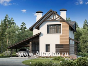 Проекты домов Альфаплан - «Гольфстрим»- компактный дом с навесом для авто - превью основного изображения