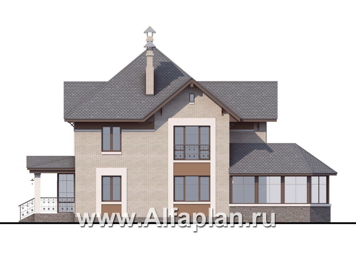 Проекты домов Альфаплан - «Львиное сердце» - загородный коттедж с просторной верандой - изображение фасада №2