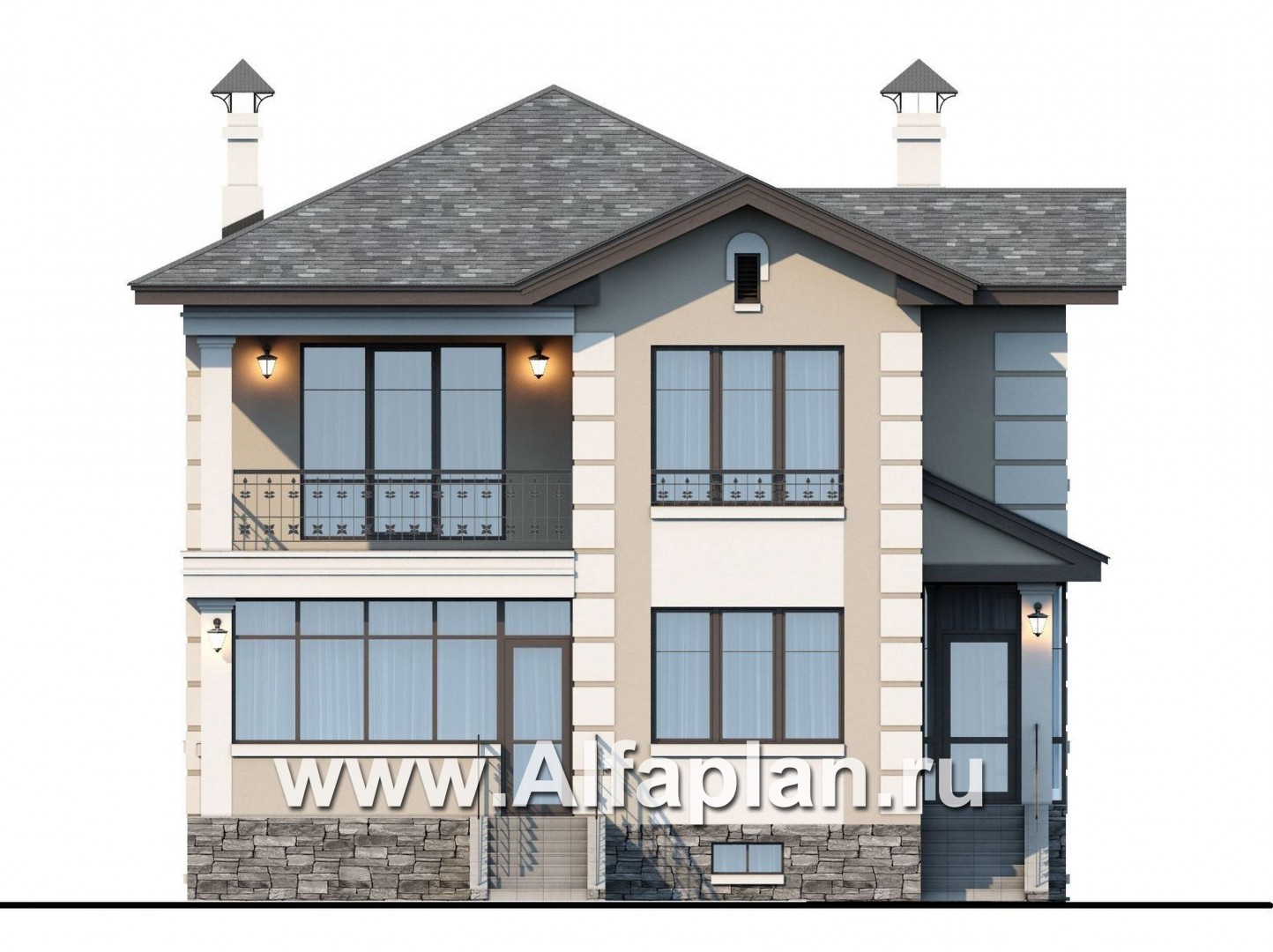Проекты домов Альфаплан - «Знаменка плюс» - удобный и компактный коттедж с цоколем - изображение фасада №1