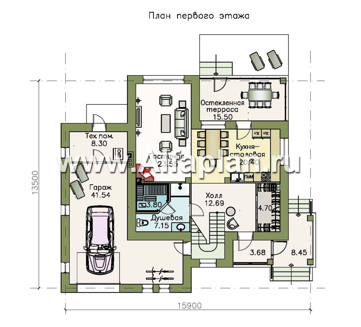 Проекты домов Альфаплан - «Кваренги» - классический коттедж с гаражом и террасой - план проекта №1