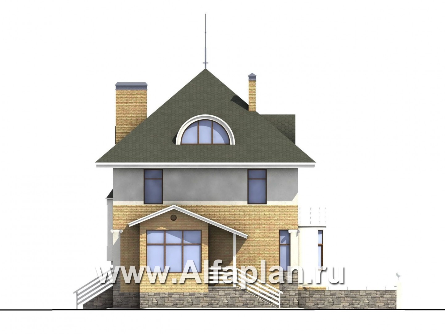 Проекты домов Альфаплан - «Дом светлячка» - трехэтажный дом с мансардой - изображение фасада №3