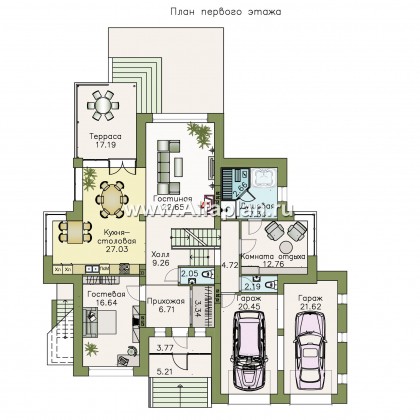 «Современник» - проект двухэтажного дома, с гаражом, с сауной, вторым светом гостиной, с цокольным этажом - превью план дома