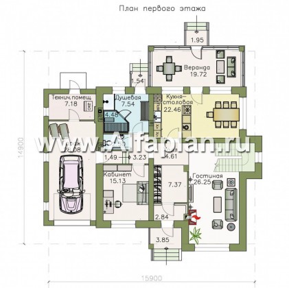 Проекты домов Альфаплан - «Традиция» - комфортабельный коттедж с гаражом - превью плана проекта №1