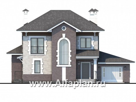 Проекты домов Альфаплан - «Равновесие» - изящный коттедж с террасами и гаражом - превью фасада №1