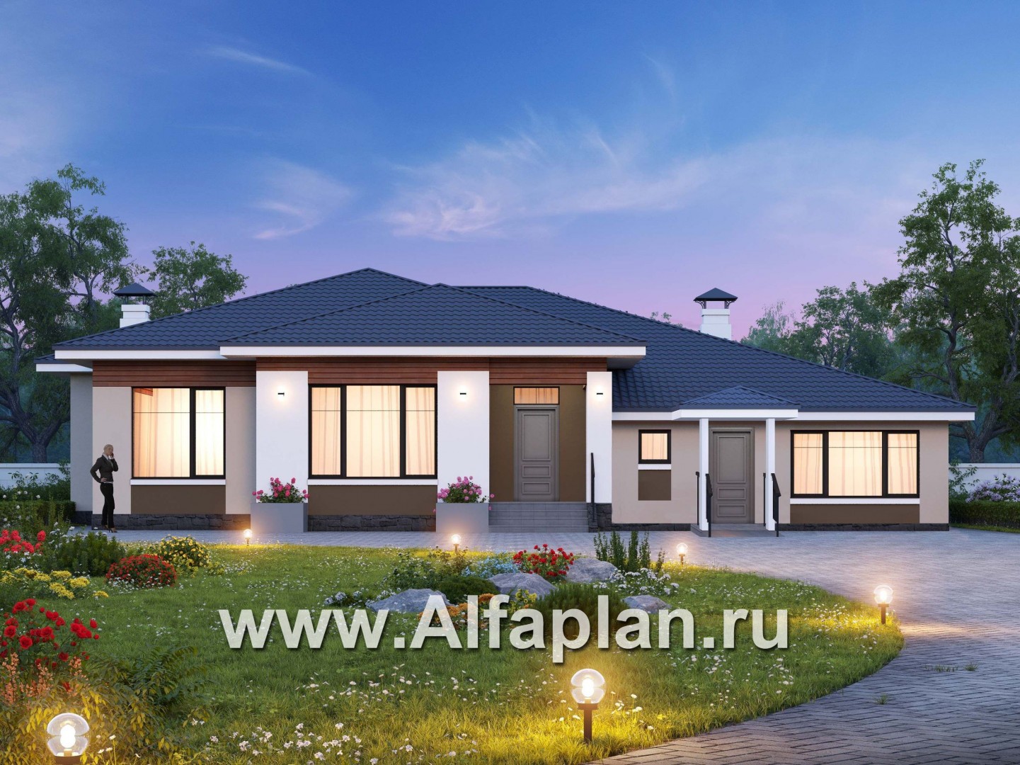 Проекты домов Альфаплан - «Калипсо» - одноэтажный двухквартирный дом (возможен для людей с ограниченными возможностями) - основное изображение