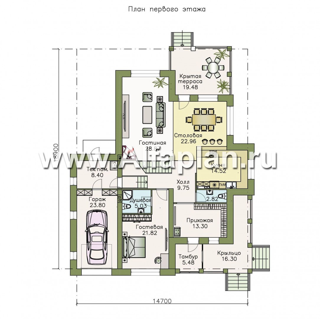 Проекты домов Альфаплан - «Беатрис» — двухэтажный коттедж с гаражом и террасой - план проекта №1