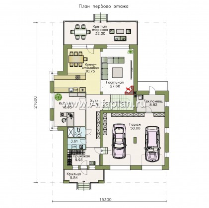 Проекты домов Альфаплан - "Акварель" - двухэтажный коттедж с гаражом и террасой - превью плана проекта №1