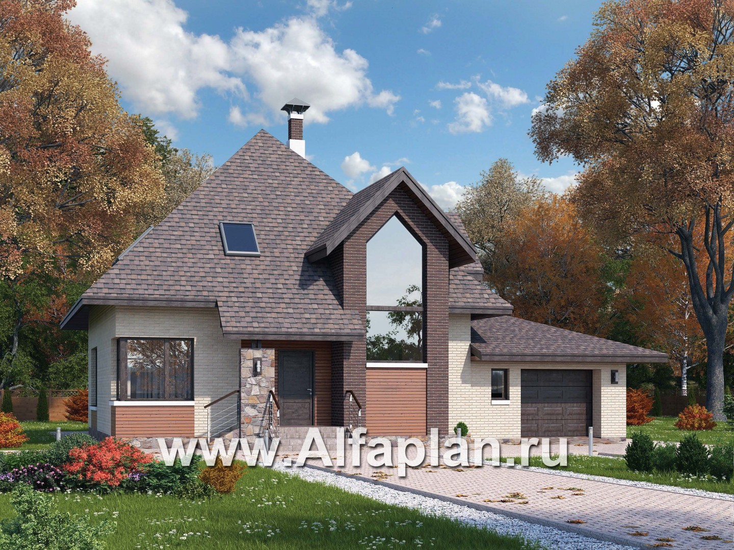Проекты домов Альфаплан - «Орион» - современный мансардный дом с гаражом - основное изображение