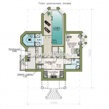 Проекты домов Альфаплан - «Головин плюс» - аристократический коттедж с бассейном в цоколе - превью плана проекта №1