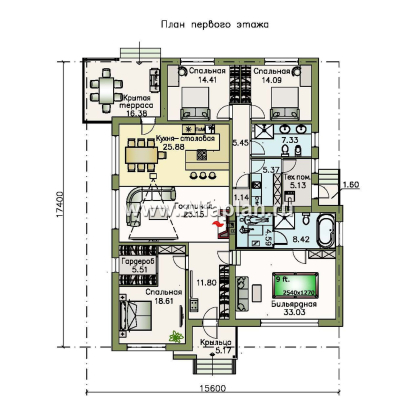 Проекты домов Альфаплан - «Санта-Моника» - одноэтажный коттедж с бильярдной и сауной - превью плана проекта №1