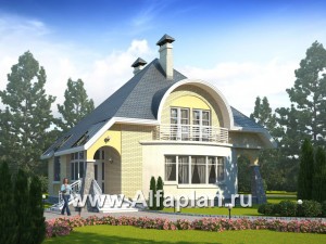 Проекты домов Альфаплан - «Свой остров» - коттедж с полукруглой гостиной и мансардными окнами - превью основного изображения