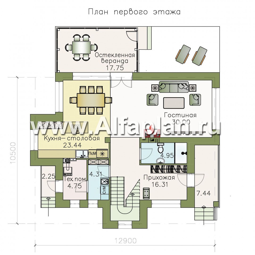 Проекты домов Альфаплан - «Эликсир» - современный коттедж с удобным входом и светлой прихожей - план проекта №1