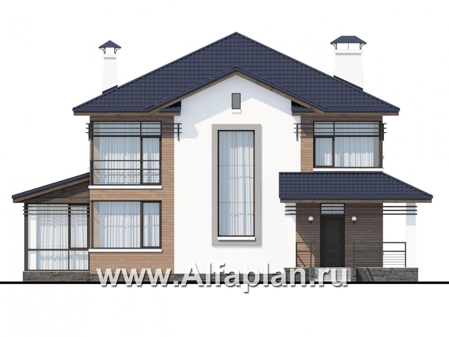 Проекты домов Альфаплан - «Рассвет»- коттедж с большой верандой и  красивыми угловыми окнами - изображение фасада №1