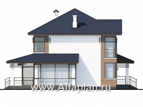 Проекты домов Альфаплан - «Рассвет»- коттедж с большой верандой и  красивыми угловыми окнами - превью фасада №3