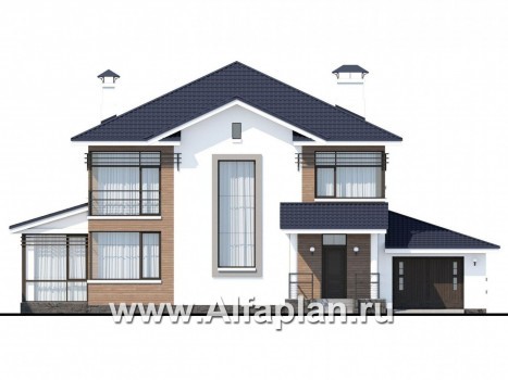 Проекты домов Альфаплан - «Рассвет» - коттедж с эффектными угловыми окнами, гаражом и верандой - превью фасада №1