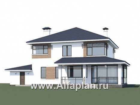 Проекты домов Альфаплан - «Рассвет» - коттедж с эффектными угловыми окнами, гаражом и верандой - превью дополнительного изображения №1