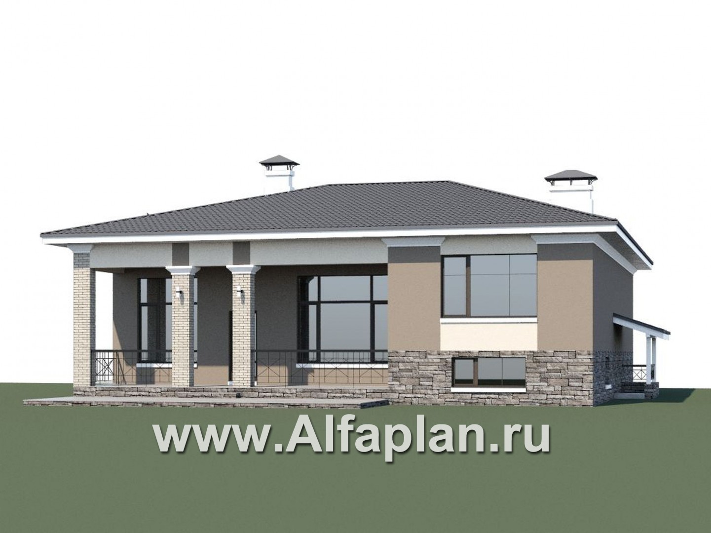 Проекты домов Альфаплан - «Суверен» - полутораэтажный коттедж с небольшим цоколем и мансардой - дополнительное изображение №1