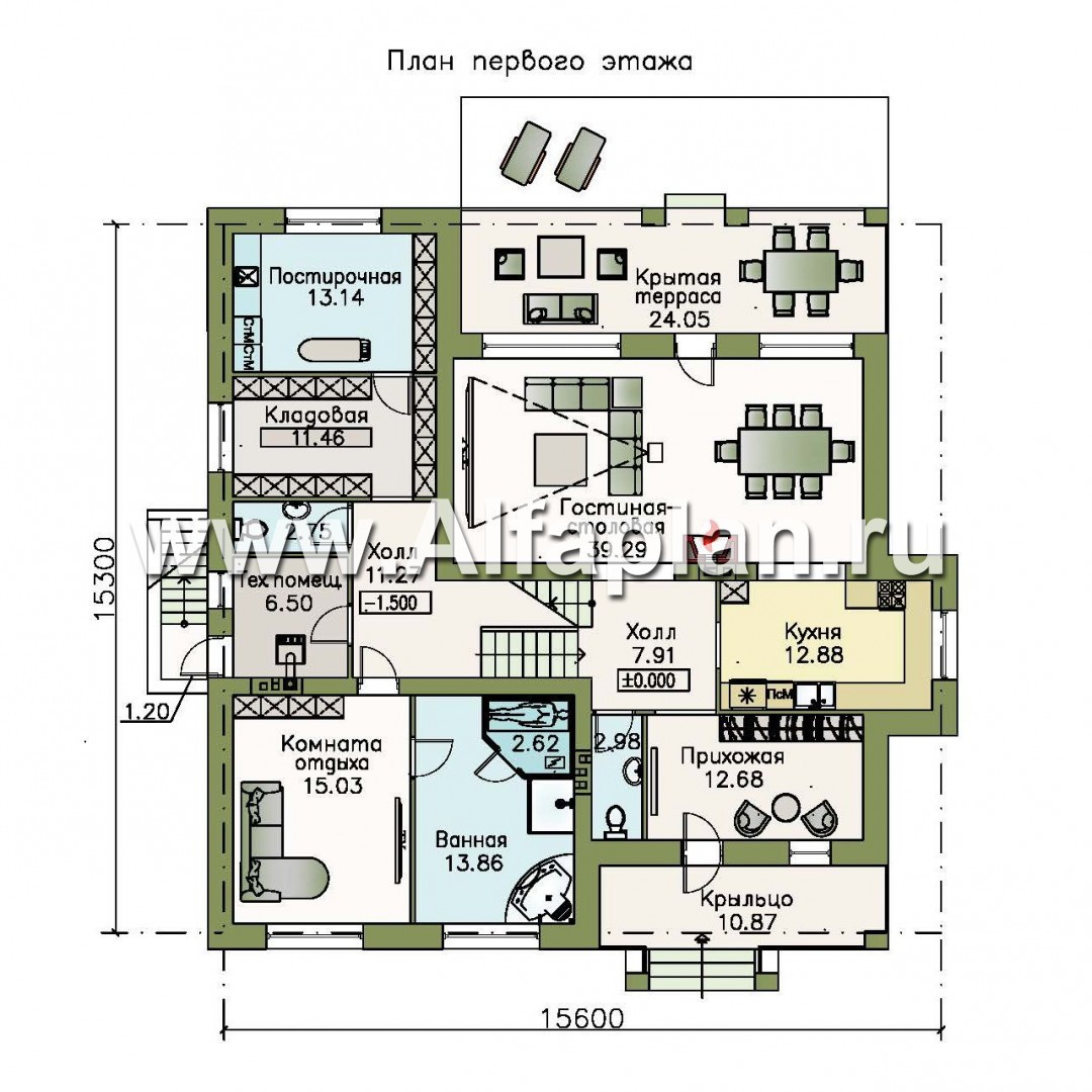 Проекты домов Альфаплан - «Суверен» - полутораэтажный коттедж с небольшим цоколем и мансардой - план проекта №1