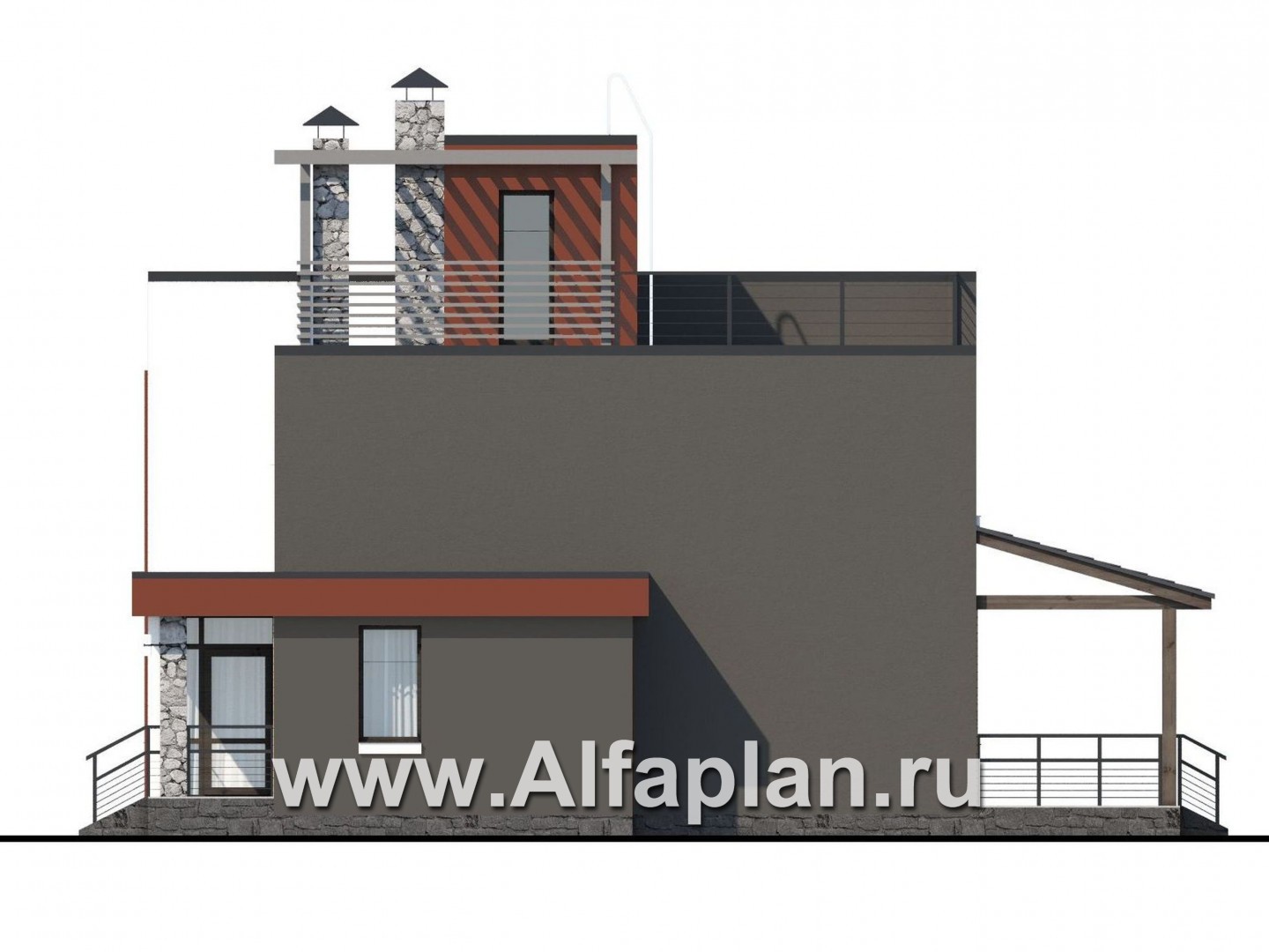 Проекты домов Альфаплан - «Пристань» - проект дома с плоской эксплуатируемой кровлей - изображение фасада №2