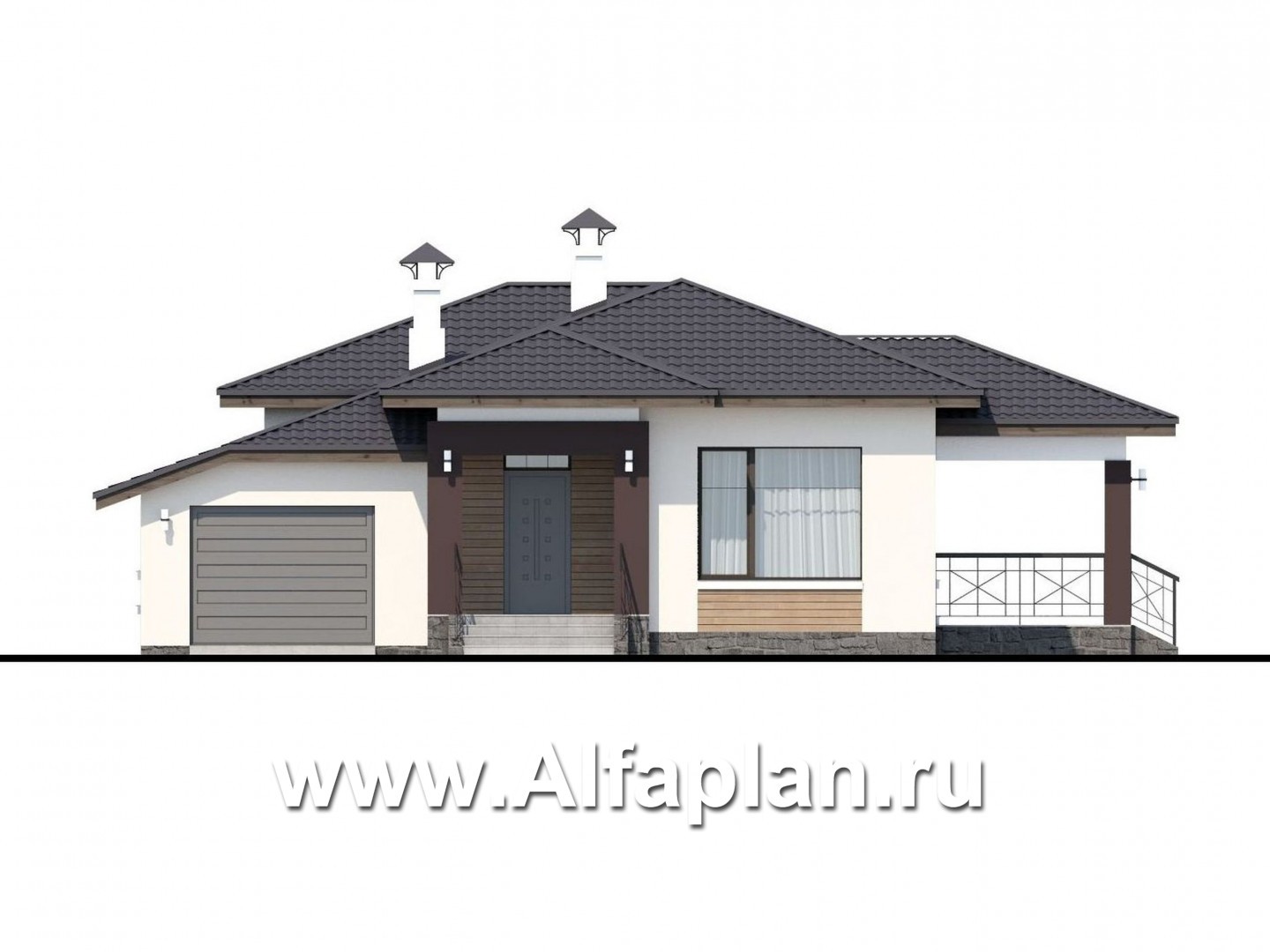 Проекты домов Альфаплан - «Пассия» - одноэтажный коттедж с гаражом и террасой - изображение фасада №1